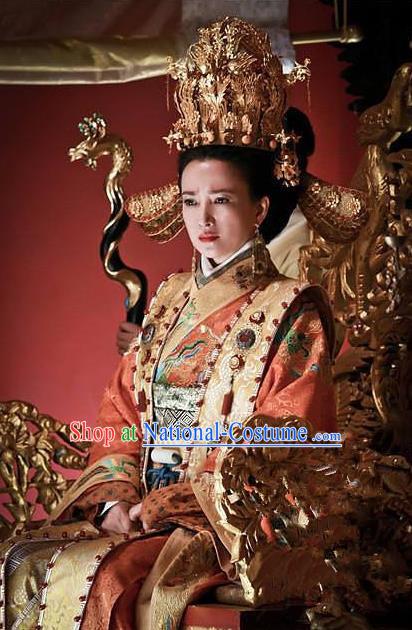 Ancient Chinese Ming Dynasty Empress Dowager Xiaogongzhang Embroidered Dress Costume and Headpiece Complete Set