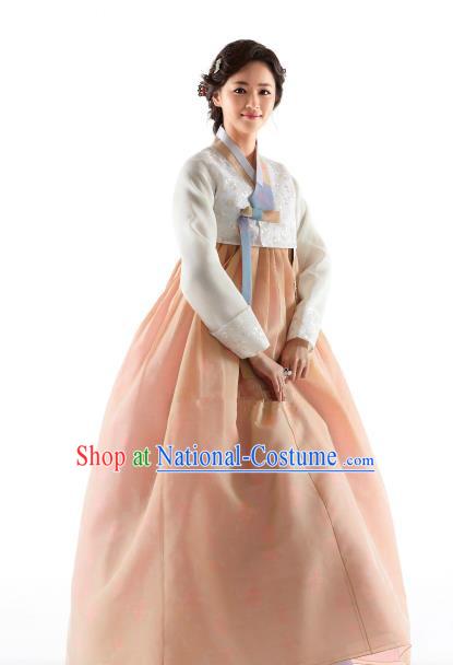 Korean Traditional Bride Hanbok White Blouse and Champagne Dress Ancient Formal Occasions Fashion Apparel Costumes for Women