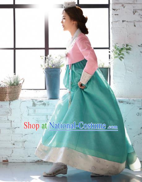 Korean Traditional Bride Hanbok Pink Blouse and Green Dress Ancient Formal Occasions Fashion Apparel Costumes for Women