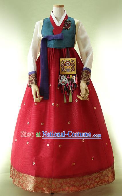 Korean Traditional Bride Hanbok Atrovirens Blouse and Red Embroidered Dress Ancient Formal Occasions Fashion Apparel Costumes for Women