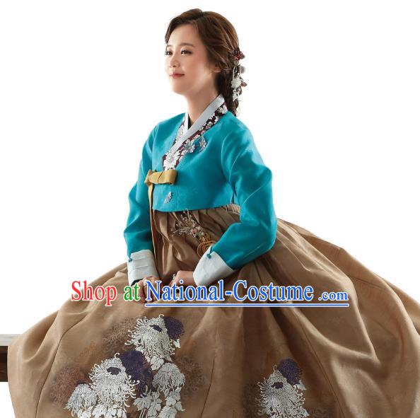 Korean Traditional Bride Hanbok Green Blouse and Brown Embroidered Dress Ancient Formal Occasions Fashion Apparel Costumes for Women