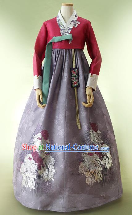 Korean Traditional Bride Hanbok Wine Red Blouse and Purple Embroidered Dress Ancient Formal Occasions Fashion Apparel Costumes for Women