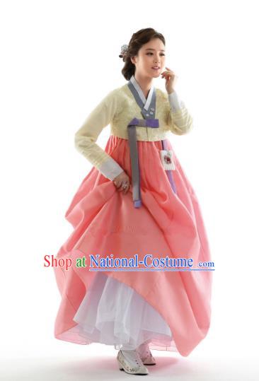 Korean Traditional Bride Hanbok Yellow Blouse and Pink Embroidered Dress Ancient Formal Occasions Fashion Apparel Costumes for Women