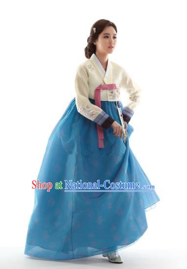 Korean Traditional Bride Hanbok Beige Blouse and Blue Embroidered Dress Ancient Formal Occasions Fashion Apparel Costumes for Women