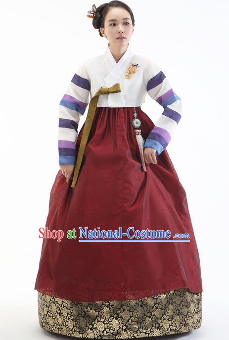 Korean Traditional Bride Hanbok White Blouse and Wine Red Embroidered Dress Ancient Formal Occasions Fashion Apparel Costumes for Women