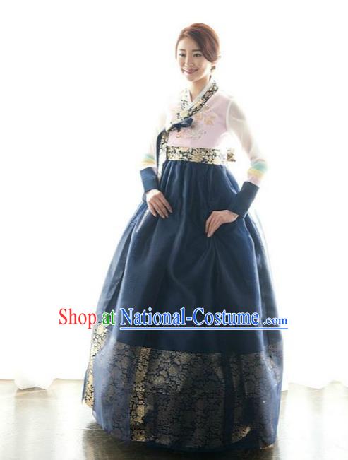 Korean Traditional Bride Hanbok Pink Blouse and Navy Embroidered Dress Ancient Formal Occasions Fashion Apparel Costumes for Women