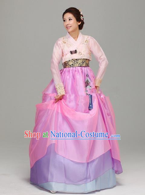 Korean Traditional Bride Hanbok Pink Blouse and Rosy Dress Ancient Formal Occasions Fashion Apparel Costumes for Women