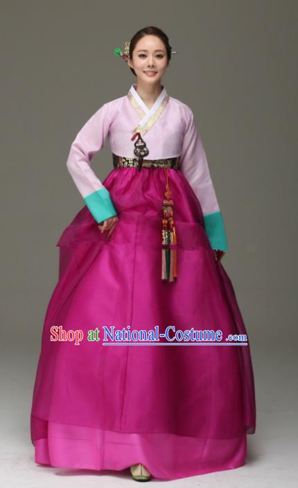 Korean Traditional Bride Hanbok Pink Blouse and Purple Embroidered Dress Ancient Formal Occasions Fashion Apparel Costumes for Women