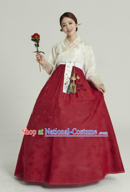 Korean Traditional Bride Hanbok White Blouse and Wine Red Embroidered Dress Ancient Formal Occasions Fashion Apparel Costumes for Women