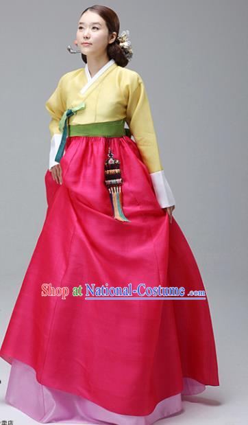 Korean Traditional Bride Hanbok Yellow Blouse and Rosy Dress Ancient Formal Occasions Fashion Apparel Costumes for Women