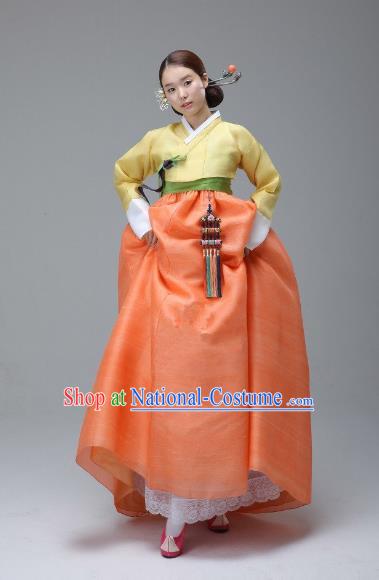 Korean Traditional Bride Hanbok Yellow Blouse and Orange Dress Ancient Formal Occasions Fashion Apparel Costumes for Women