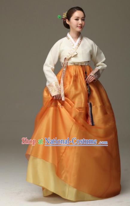 Korean Traditional Bride Hanbok White Blouse and Orange Dress Ancient Formal Occasions Fashion Apparel Costumes for Women