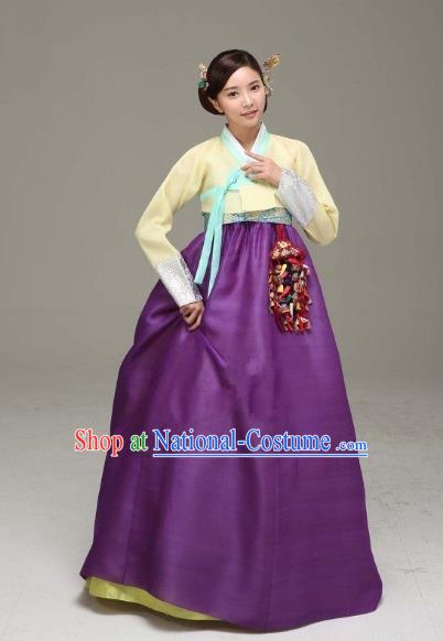 Korean Traditional Bride Hanbok Formal Occasions Yellow Blouse and Purple Dress Ancient Fashion Apparel Costumes for Women