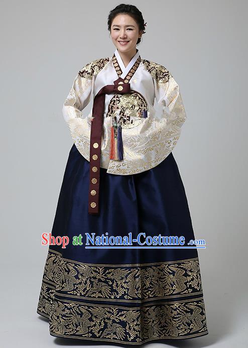 Korean Traditional Bride Hanbok Formal Occasions White Blouse and Navy Dress Ancient Fashion Apparel Costumes for Women