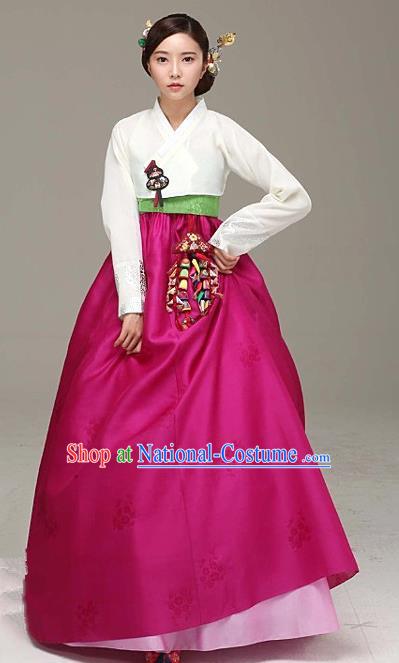 Korean Traditional Bride Hanbok Formal Occasions White Blouse and Rosy Dress Ancient Fashion Apparel Costumes for Women