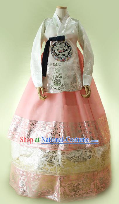 Korean Traditional Bride Hanbok Formal Occasions White Satin Blouse and Pink Dress Ancient Fashion Apparel Costumes for Women