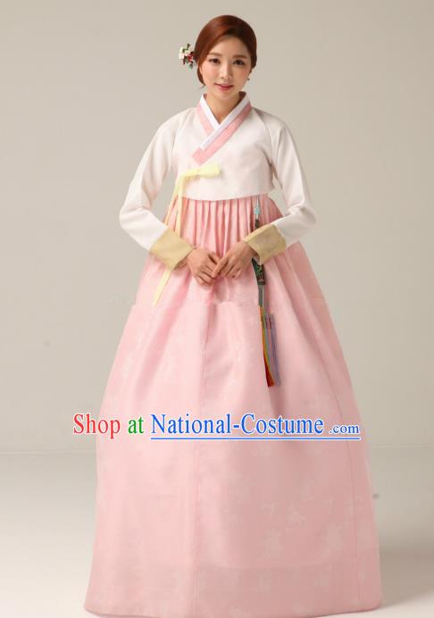 Korean Traditional Bride Hanbok Formal Occasions White Blouse and Pink Dress Ancient Fashion Apparel Costumes for Women