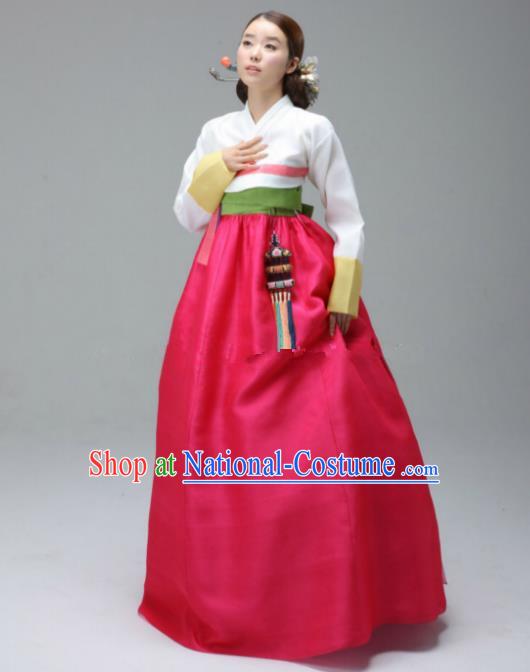 Korean Traditional Bride Hanbok Formal Occasions White Blouse and Rosy Dress Ancient Fashion Apparel Costumes for Women