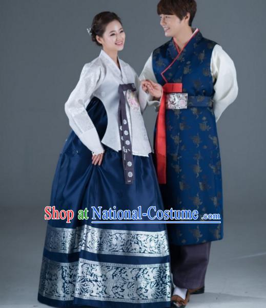 Traditional Korean Navy Costumes Ancient Korean Bride and Bridegroom Hanbok Complete Set