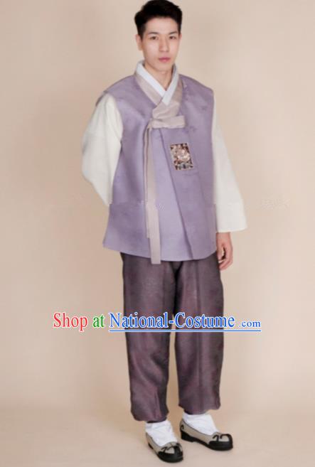 Traditional Korean Costumes Ancient Korean Bridegroom Hanbok Lilac Vest and Purple Pants for Men