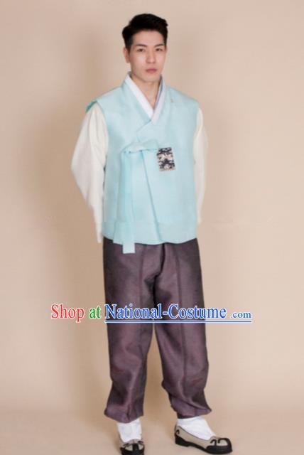 Traditional Korean Costumes Ancient Korean Bridegroom Hanbok Blue Vest and Purple Pants for Men