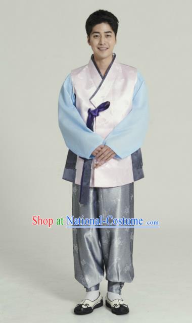 Traditional Korean Costumes Ancient Palace Korean Bridegroom Hanbok Pink Vest and Grey Pants for Men