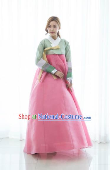 Korean Traditional Bride Hanbok Formal Occasions Green Blouse and Pink Dress Ancient Fashion Apparel Costumes for Women