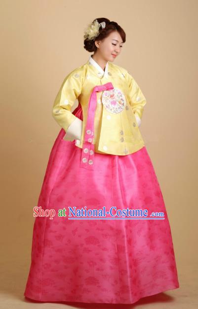 Korean Traditional Bride Tang Garment Hanbok Formal Occasions Yellow Blouse and Pink Dress Ancient Costumes for Women