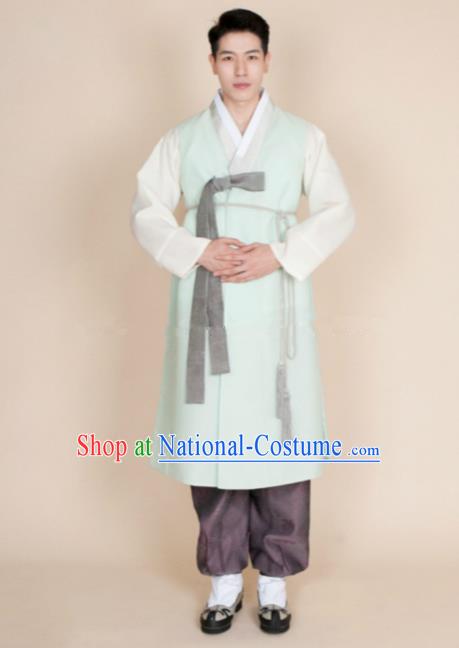 Traditional Korean Costumes Ancient Palace Korean Bridegroom Hanbok Green Vest and Purple Pants for Men