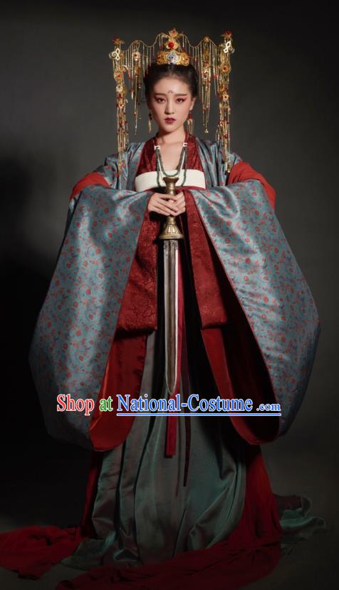 Chinese Ancient Empress Mullet Dress Ming Dynasty Palace Queen Embroidered Replica Costume and Headpiece Complete Set