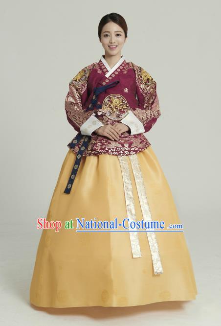 Korean Traditional Bride Tang Garment Hanbok Formal Occasions Wine Red Blouse and Yellow Dress Ancient Costumes for Women