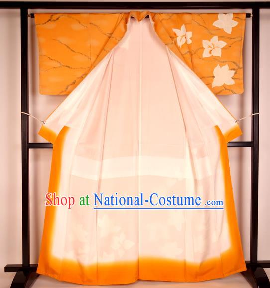 Japan Ancient Palace Orange Furisode Kimonos Traditional Yukata Dress Formal Costume for Women