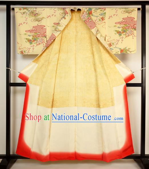 Japan Ancient Palace Yellow Furisode Kimonos Traditional Yukata Dress Formal Costume for Women