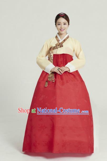 Korean Traditional Bride Tang Garment Hanbok Formal Occasions Yellow Blouse and Red Dress Ancient Costumes for Women