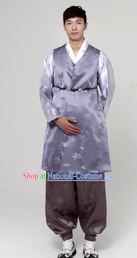 Traditional Korean Costumes Ancient Palace Korean Bridegroom Hanbok Lilac Vest and Grey Pants for Men