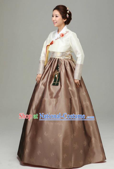 Korean Traditional Bride Tang Garment Hanbok Formal Occasions White Blouse and Coffee Dress Ancient Costumes for Women