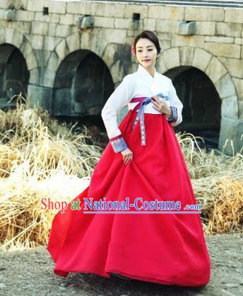 Korean Traditional Bride Tang Garment Hanbok Formal Occasions White Blouse and Red Dress Ancient Costumes for Women