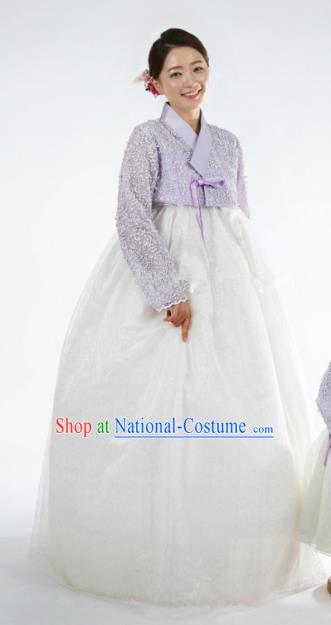 Korean Traditional Bride Tang Garment Hanbok Formal Occasions Lilac Blouse and White Dress Ancient Costumes for Women