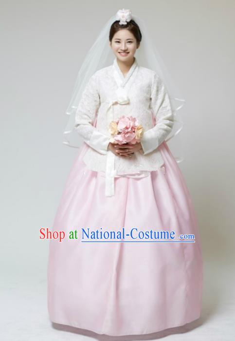 Korean Traditional Bride Tang Garment Hanbok Formal Occasions White Lace Blouse and Pink Dress Ancient Costumes for Women