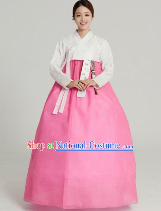 Korean Traditional Bride Tang Garment Hanbok Formal Occasions White Blouse and Pink Dress Ancient Costumes for Women