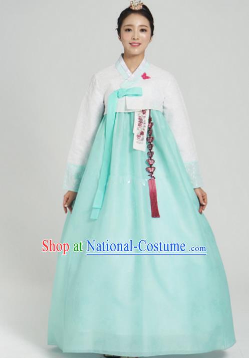 Korean Traditional Bride Tang Garment Hanbok Formal Occasions White Blouse and Green Dress Ancient Costumes for Women