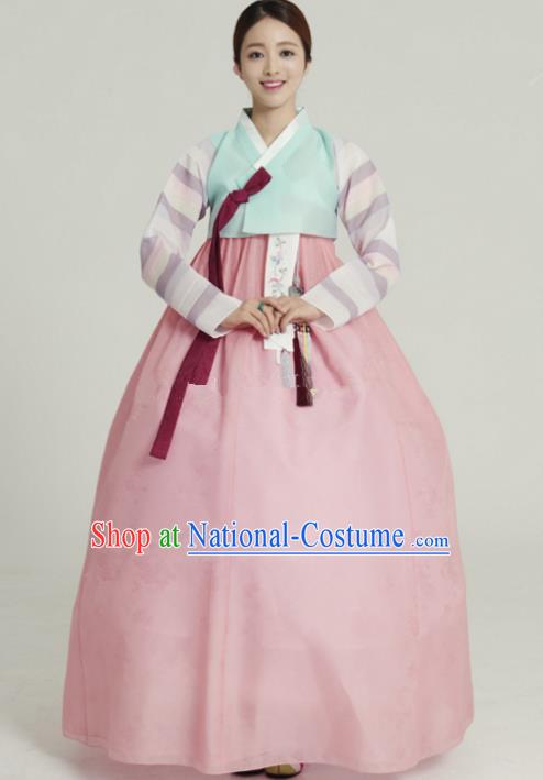 Korean Traditional Bride Tang Garment Hanbok Formal Occasions Green Blouse and Pink Dress Ancient Costumes for Women