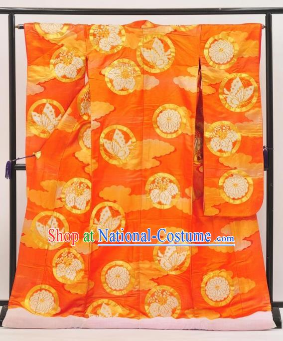 Japan Ancient Butterfly Furisode Kimonos Traditional Palace Orange Yukata Dress Formal Costume for Women