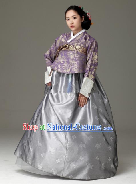 Korean Traditional Bride Tang Garment Hanbok Formal Occasions Purple Blouse and Grey Dress Ancient Costumes for Women