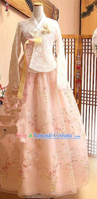 Korean Traditional Bride Tang Garment Hanbok Formal Occasions White Lace Blouse and Pink Dress Ancient Costumes for Women