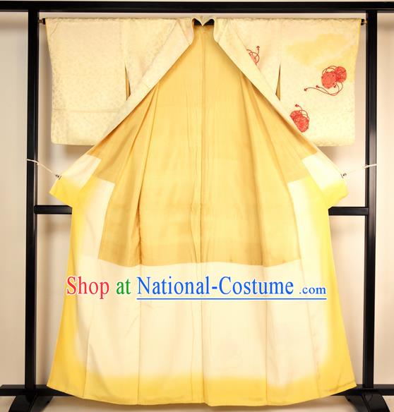 Japan Ancient Yellow Silk Furisode Kimonos Traditional Palace Yukata Dress Formal Costume for Women