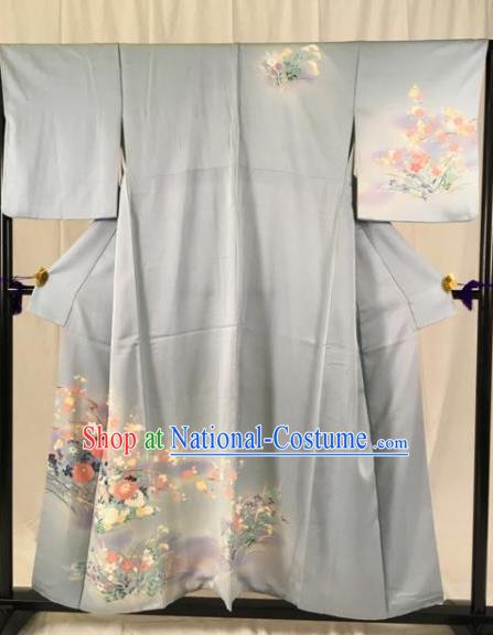 Japan Ancient Grey Furisode Kimonos Traditional Palace Yukata Dress Formal Costume for Women