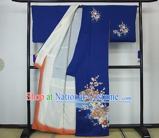 Asian Japan Palace Royalblue Furisode Kimono Ancient Yukata Dress Formal Costume for Women