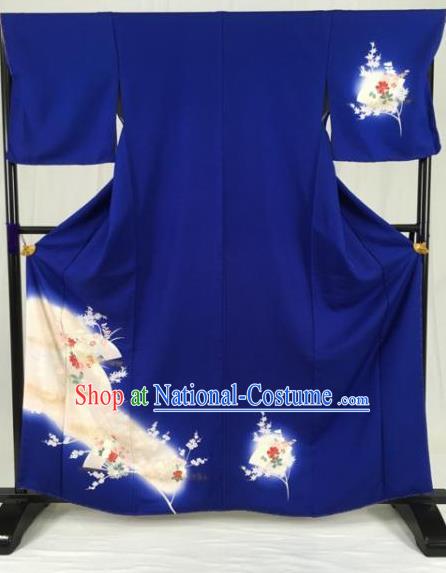 Asian Japan Palace Printing Royalblue Furisode Kimono Ancient Yukata Dress Formal Costume for Women