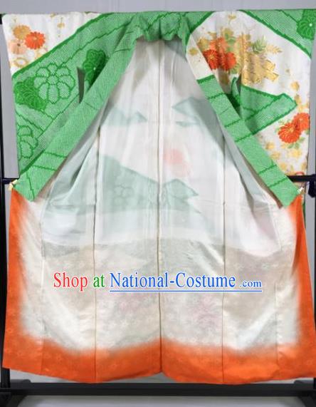 Japan Traditional Kimono Green Furisode Kimono Ancient Yukata Dress Formal Costume for Women